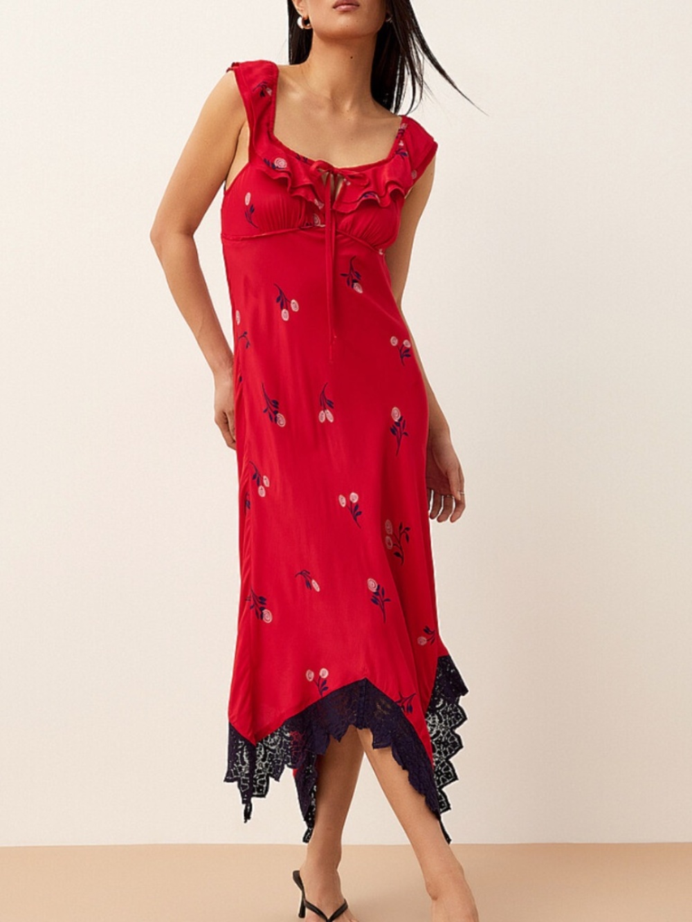 Free People boho red and flowers Flock Together ruffled lace midi dress NWT